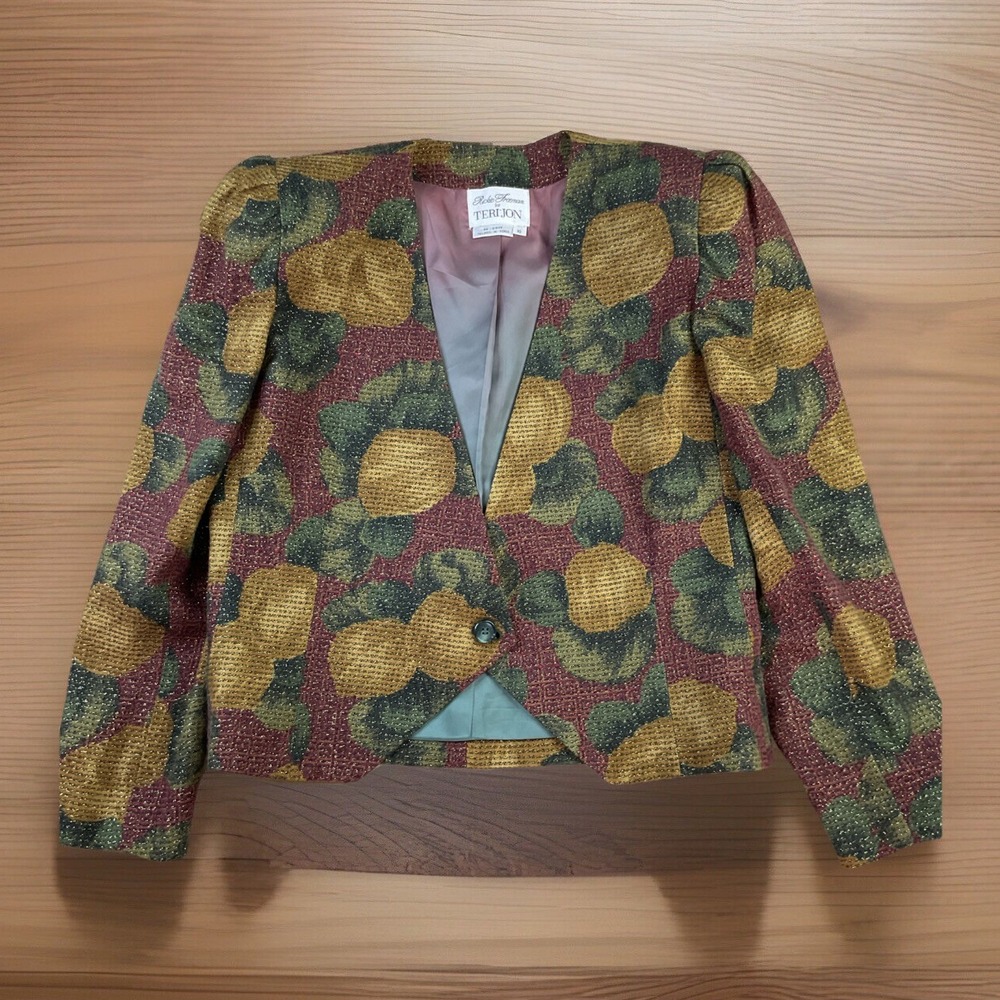 Vintage Rickie Freeman Teri Jon Wool Blend Floral Blazer Jacket 10 Shoulder Pads